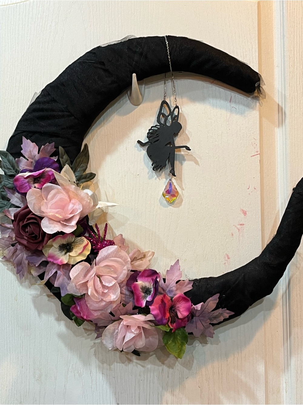 Handmade Black Crescent Floral Wreath with Pink Flowers